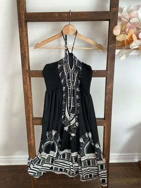 Candy Couture Black & White Halter Midi Dress with Boho Print